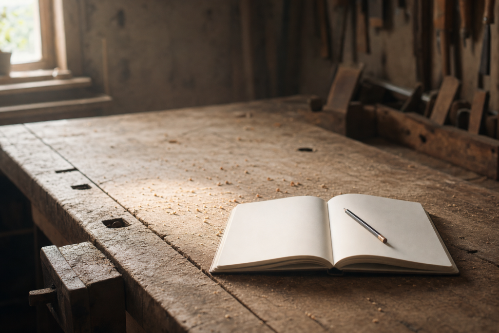 Leere Werkbank im Morgenlicht mit leerem Notizbuch