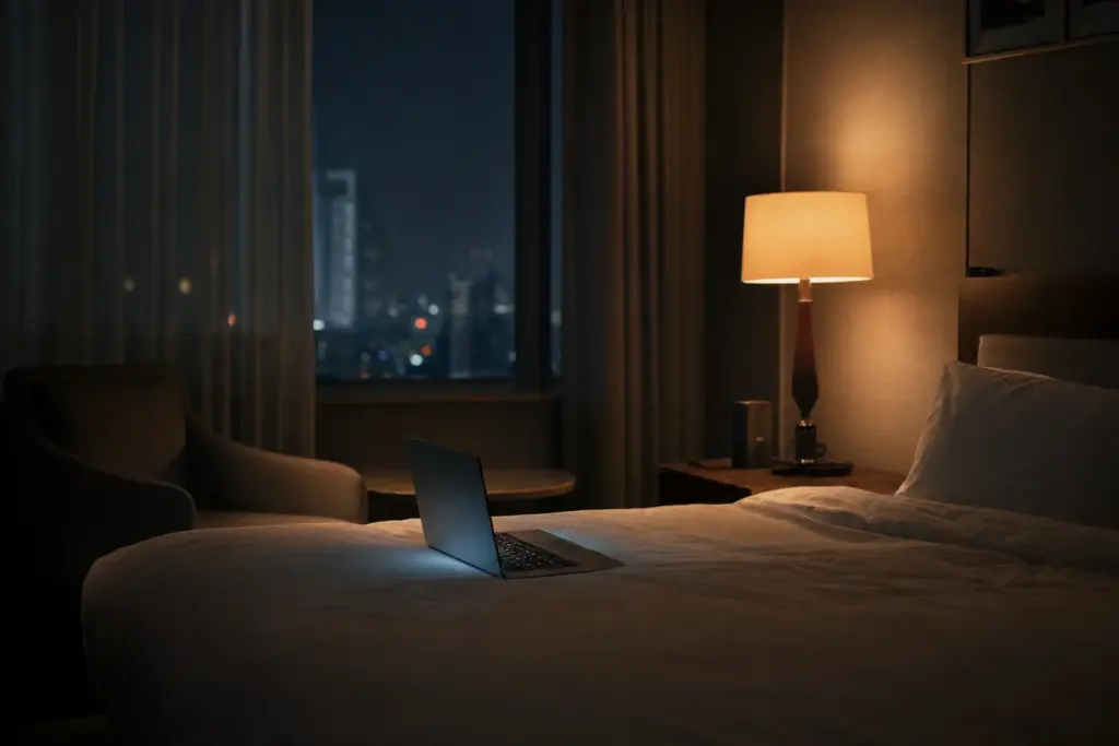 Nächtliches Hotelzimmer mit leuchtendem Laptop – Beitragsbild zum Werkstattbrief (KI-generiert)