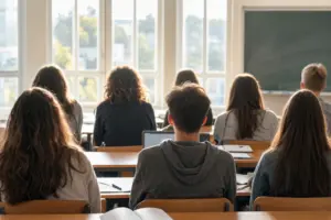 Schulklasse von hinten in einem hellen Klassenzimmer, Tageslicht durch große Fenster, vorne eine grüne Tafel