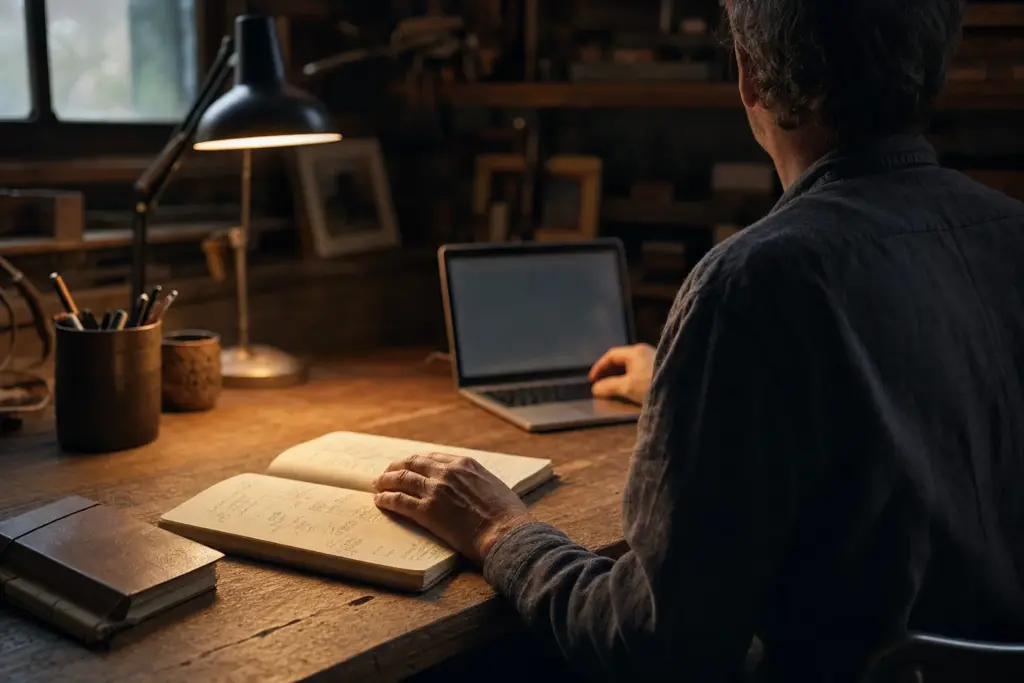 Mann von hinten an einem Werkstatttisch im warmen Lampenlicht, vor sich ein aufgeschlagenes Notizbuch und ein Laptop