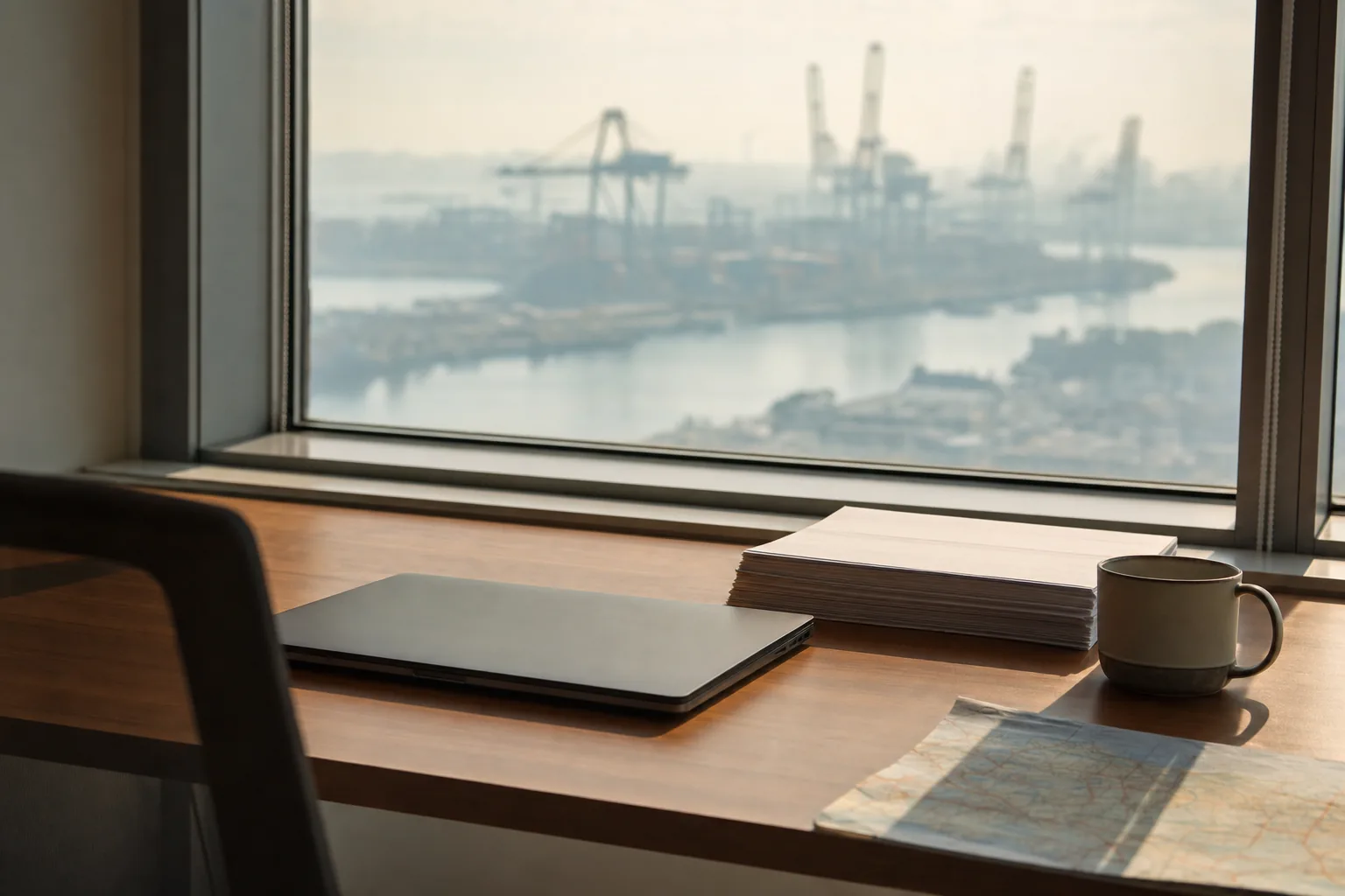 Schreibtisch am Fenster mit geschlossenem Laptop und Papierstapel, dahinter ein Containerhafen im Morgendunst
