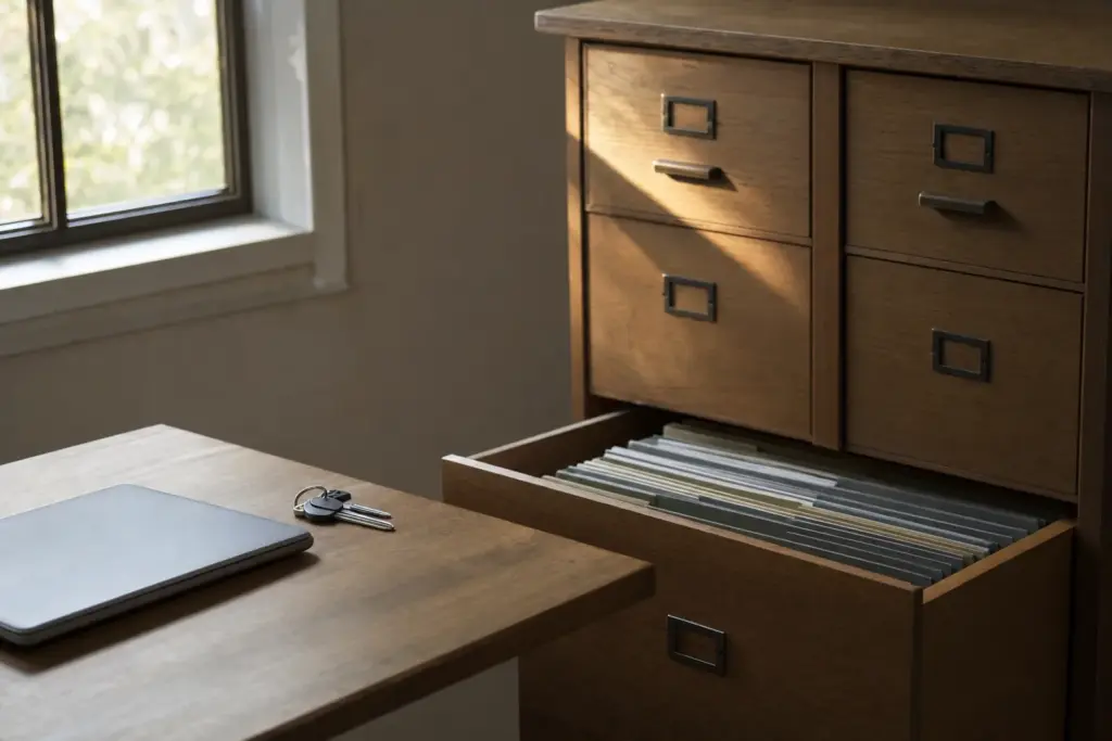 Hölzerner Aktenschrank mit halb geöffneter Schublade voller Hängeregister, daneben ein Schreibtisch mit Laptop und Schlüsselbund
