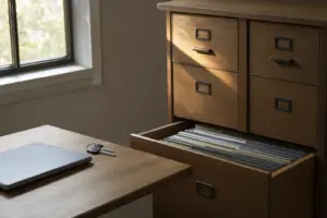Hölzerner Aktenschrank mit halb geöffneter Schublade voller Hängeregister, daneben ein Schreibtisch mit Laptop und Schlüsselbund