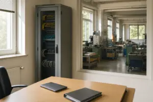Serverschrank im Nebenraum eines Mittelstandsbetriebs, davor ein Schreibtisch mit Laptop, dahinter durch eine Glaswand die Werkstatt